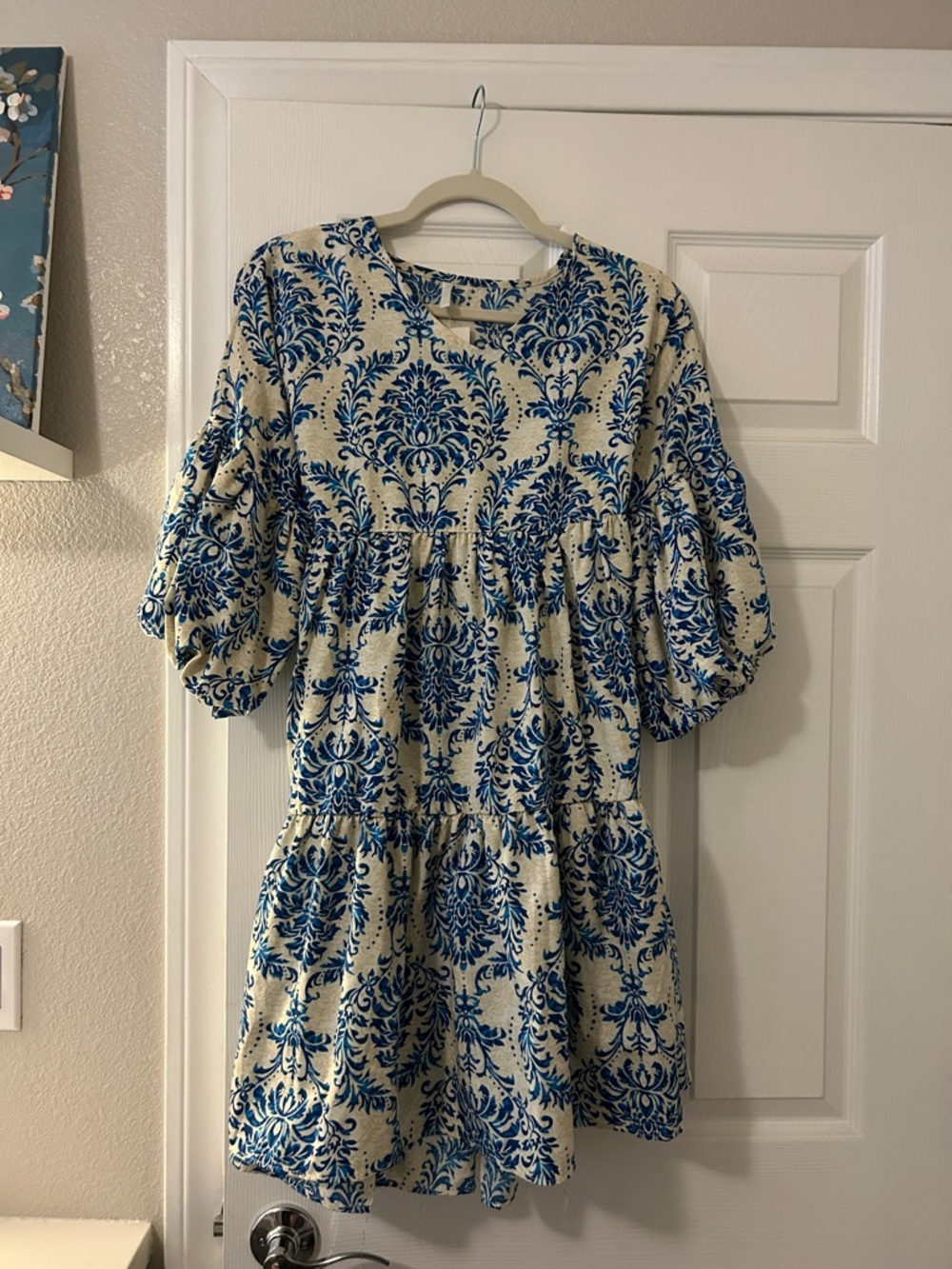 Blue Damask Puff-Sleeve Women’s Dress